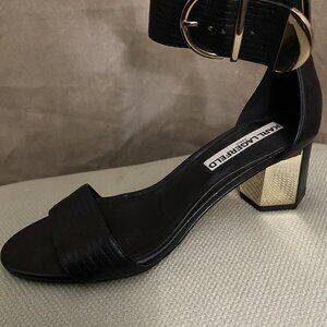 Karl Lagerfeld Paris Haila BLACK LEATHER Mirror Gold Block Heel Sandals